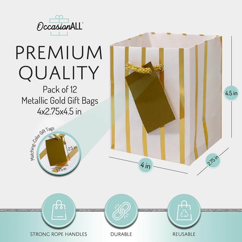 OccasionALL Tiny Gold Gift Bags, Mini Christmas Gift Bags with Handles, Assorted Print Holiday Bags for Gift Wrap, Birthdays, Weddings, Parties, Events, Bulk, 4x2.75x4.5, 12 Pack - Image 5